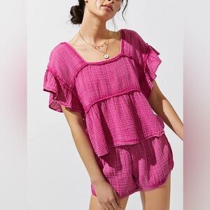 Anthropologie Daily Practice Women’s Gauzy Hot Pink Top Shorts Lounge Set XS